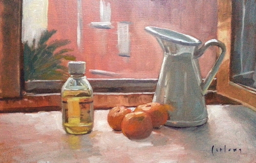 Olio, mandarini e brocca oil on panel 20x30 cm